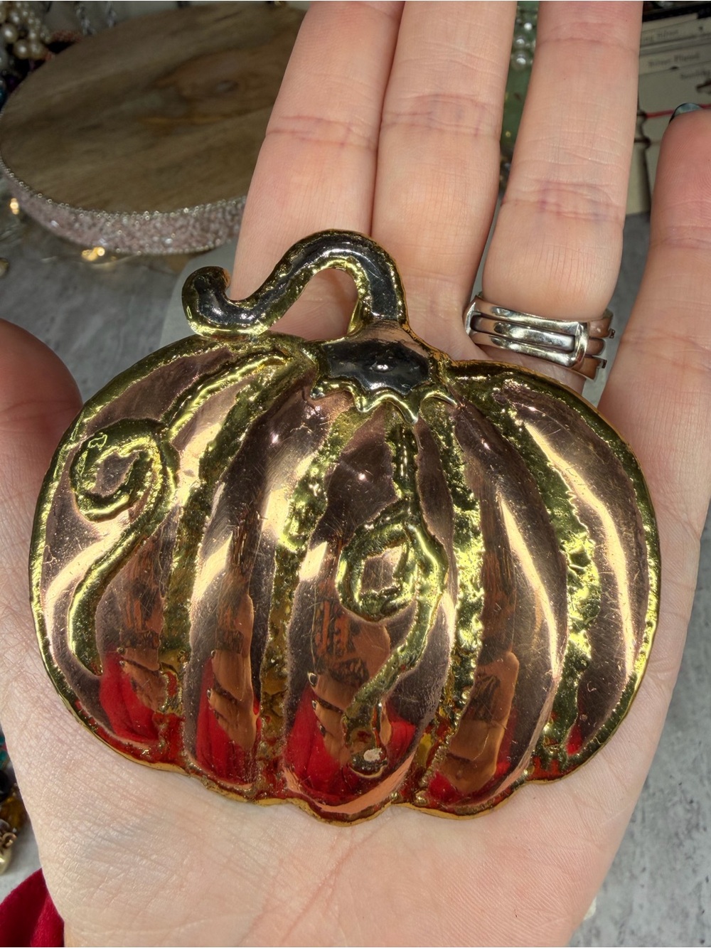 Vintage Mexican Copper Pumpkin Brooch Pendant Scroll Signed Jewelry Fall Holiday